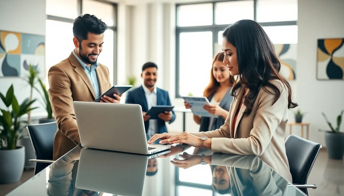 diverse team in a modern office using ChatGPT for productivity.