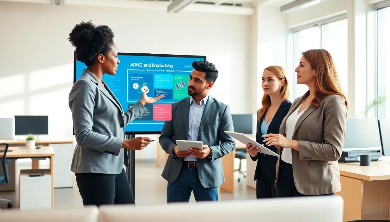 diverse team discussing ADHD productivity strategies in a modern office.