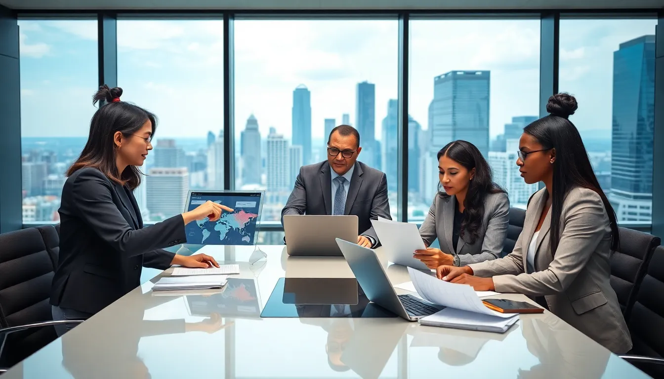 diverse professionals discussing global affairs in a modern office setting.
