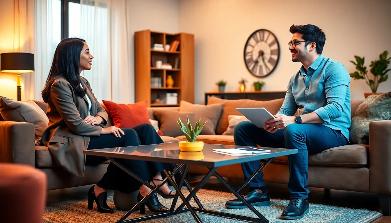 friends discussing relationship problems in a cozy, modern living room.
