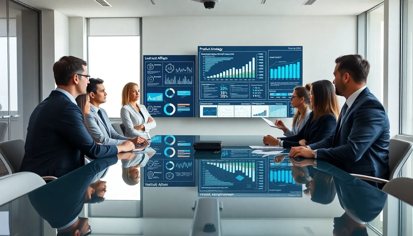 diverse team discussing pharmaceutical strategies in a modern office.