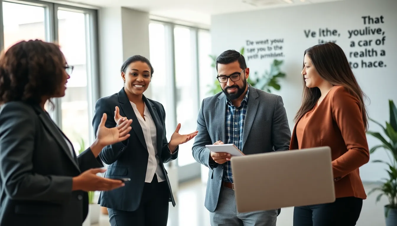 professionals discussing relationship advice in a modern office.
