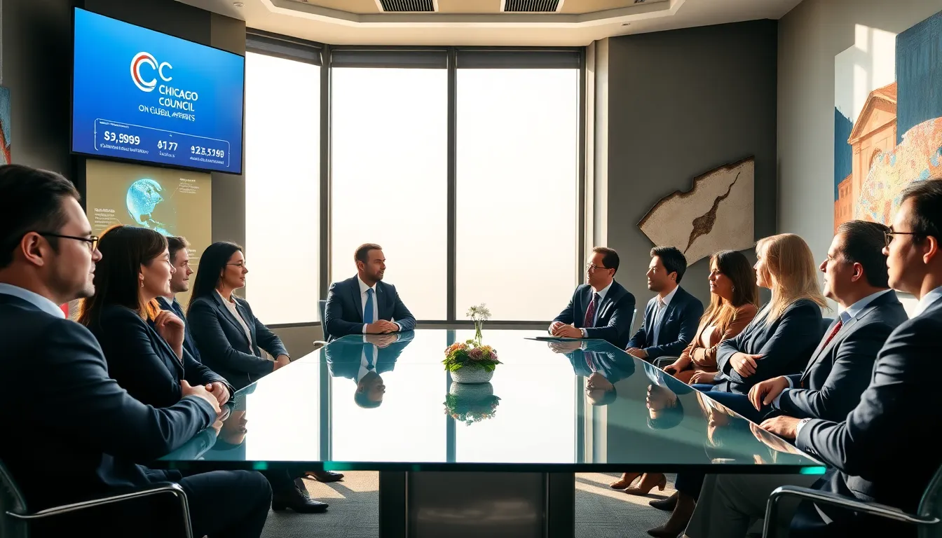 diverse professionals in a modern conference room discussing global affairs.