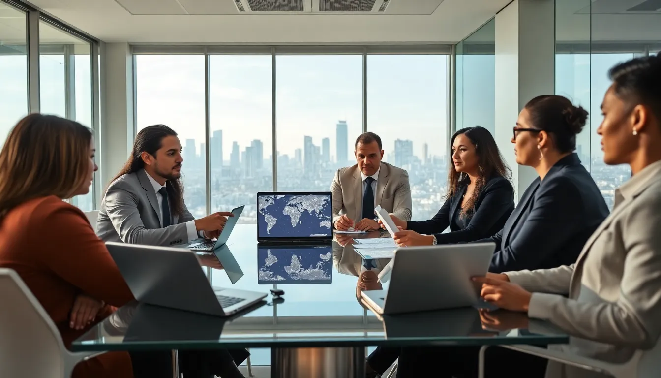 diverse professionals collaborating in a modern office on global affairs.