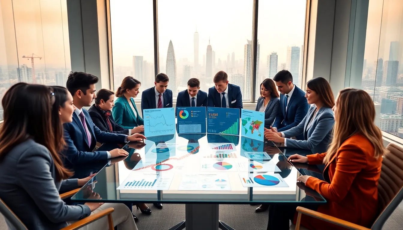 diverse professionals discussing global affairs in a modern conference room.